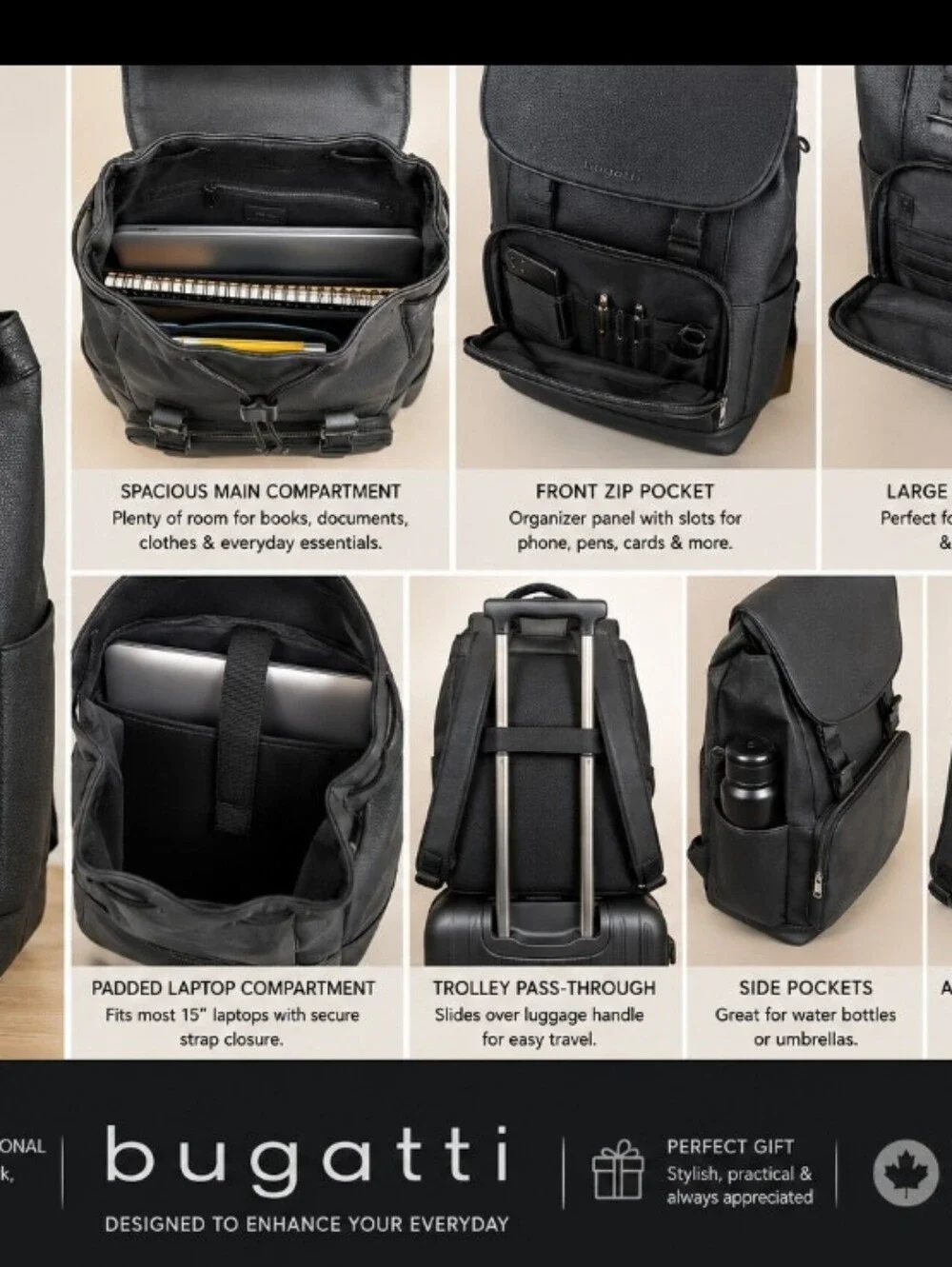 Bugatti Black Men's Tech Backpack with Front Pocket